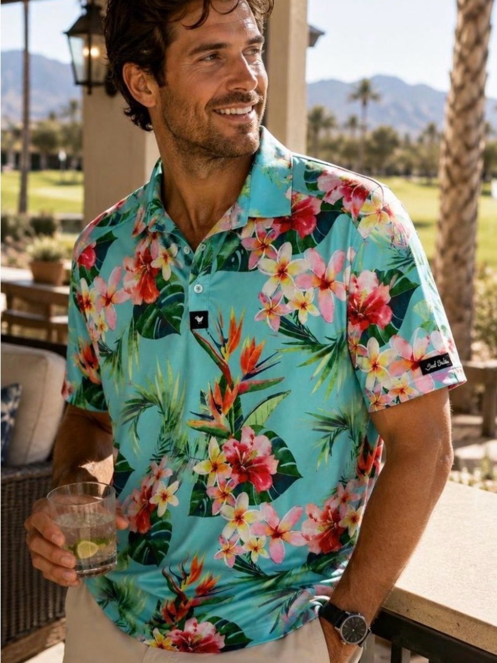 Bad Birdie Performance Stretch Tropical Floral Polo Golf Shirt Large Vacation